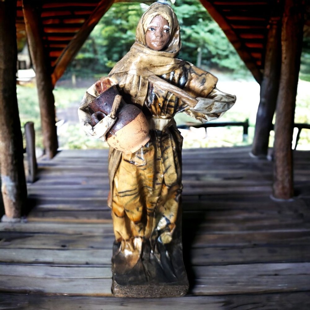 Paper Mache Mexican Folk Art - Peasant Woman Standing Holding Clay Pot